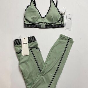 ALO Yoga Sage Green Strappy Sports Bra & Leggings Set with Black Trim